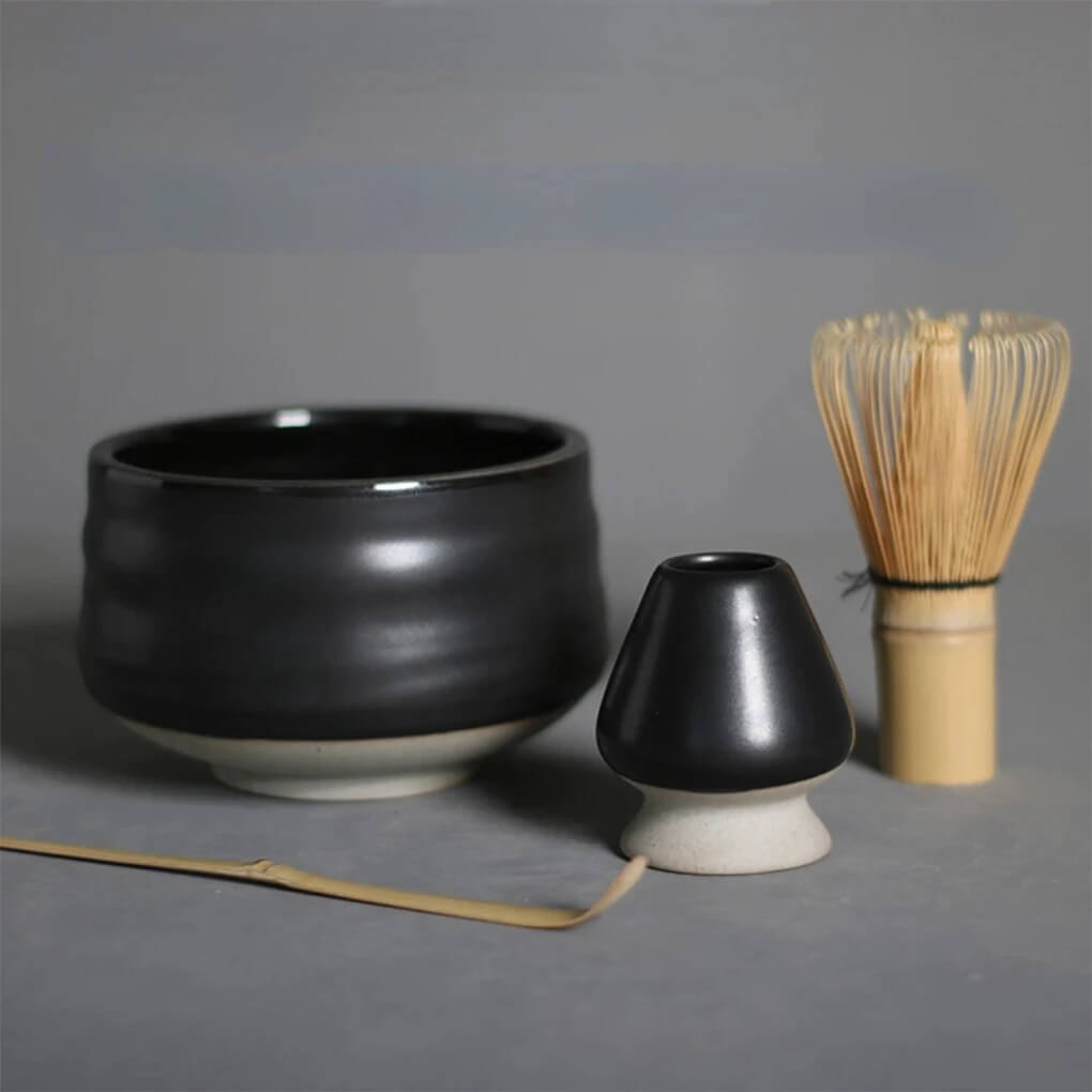 4 piece black matt ceramic matcha tea set with bowl, whisk holder, bamboo whisk and bamboo tea scoop