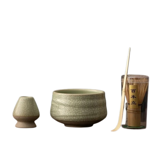 4 piece green crackled ceramic matcha tea set with bowl, whisk holder, bamboo whisk and bamboo tea scoop