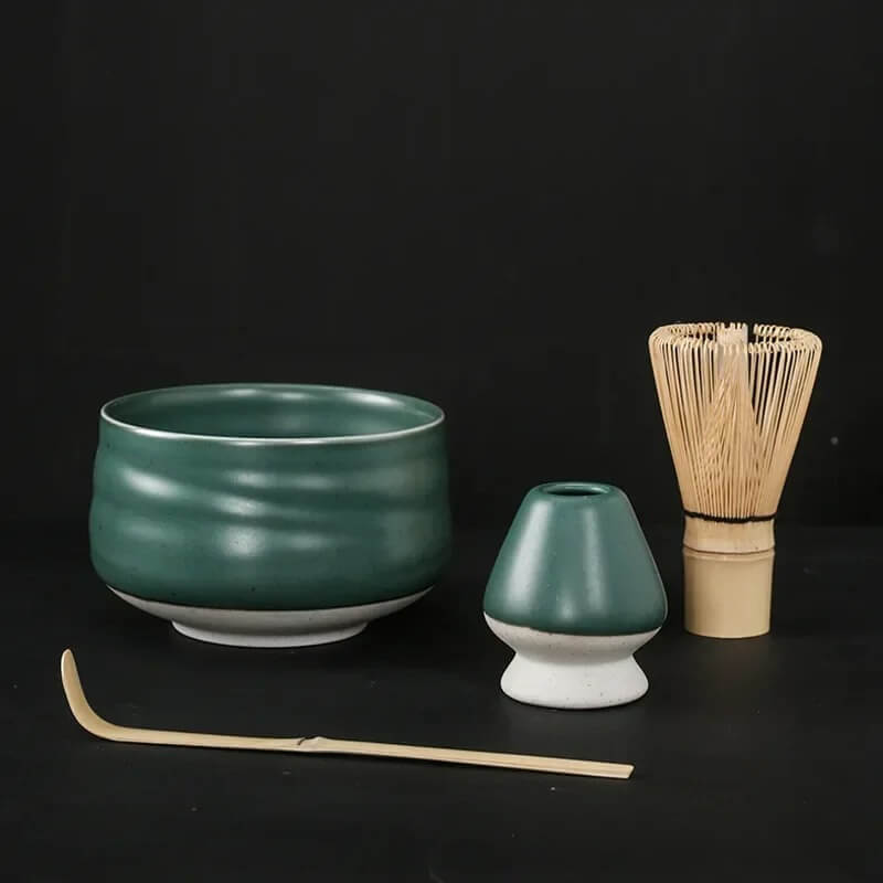 4 piece green matt ceramic matcha tea set with bowl, whisk holder, bamboo whisk and bamboo tea scoop
