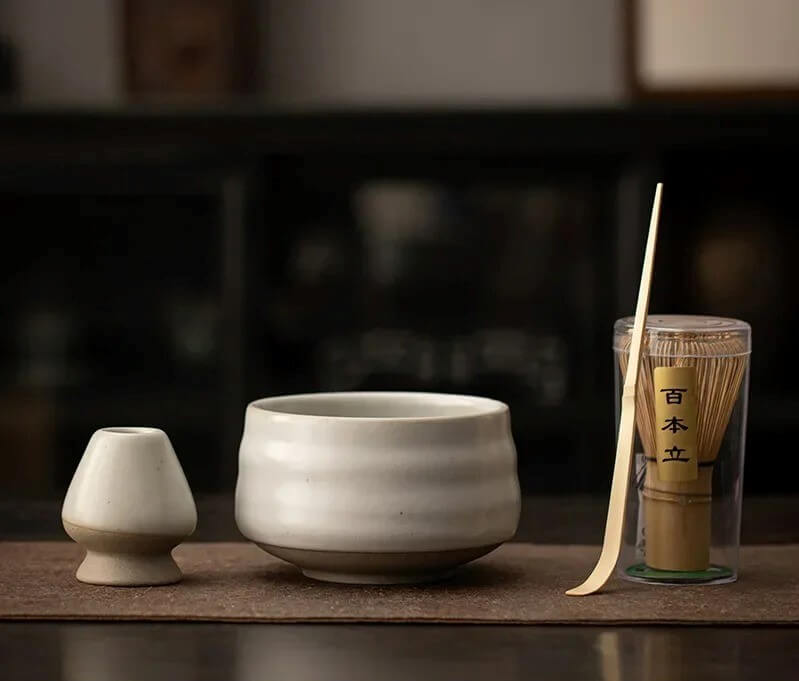 4 piece grey gloss ceramic matcha tea set with bowl, whisk holder, bamboo whisk and bamboo tea scoop