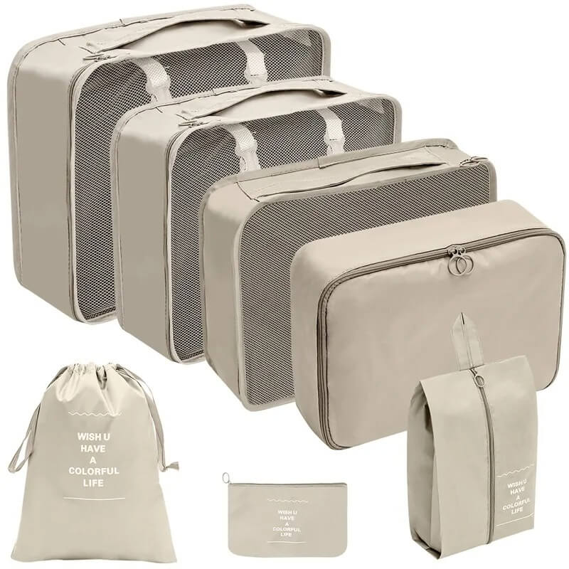 7 Piece Beige Travel Organizer Set of Cotton Fabric and Double Sided Twill