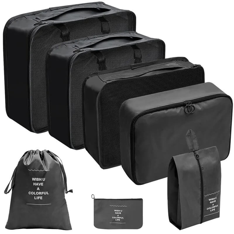 7 Piece Black Travel Organizer Set of Cotton Fabric and Double Sided Twill