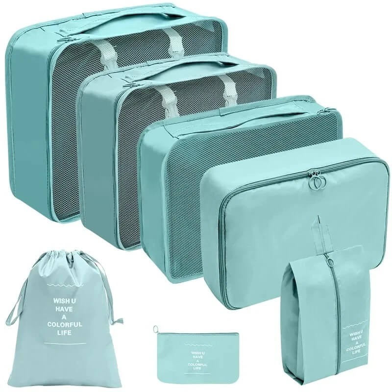 7 Piece Blue Travel Organizer Set of Cotton Fabric and Double Sided Twill
