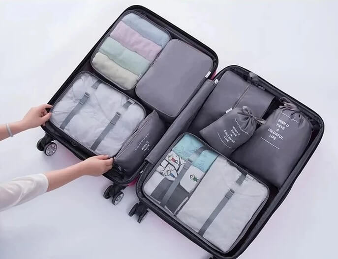 7 Piece Grey Travel Organizer Set of Cotton Fabric and Double Sided Twill Packed in Suitcase