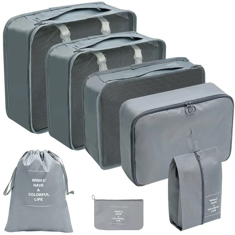 7 Piece Grey Travel Organizer Set of Cotton Fabric and Double Sided Twill