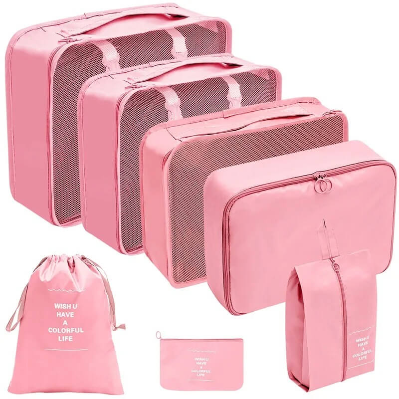 7 Piece Pink Travel Organizer Set of Cotton Fabric and Double Sided Twill