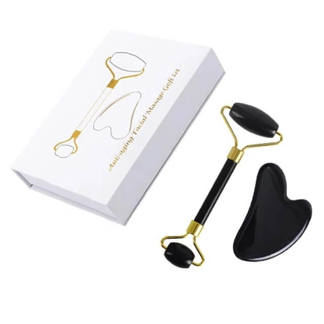 Black Obsidian Facial Roller and Gua Sha Set in Box