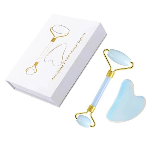 Blue-White Jade Facial Roller and Gua Sha Set in Box