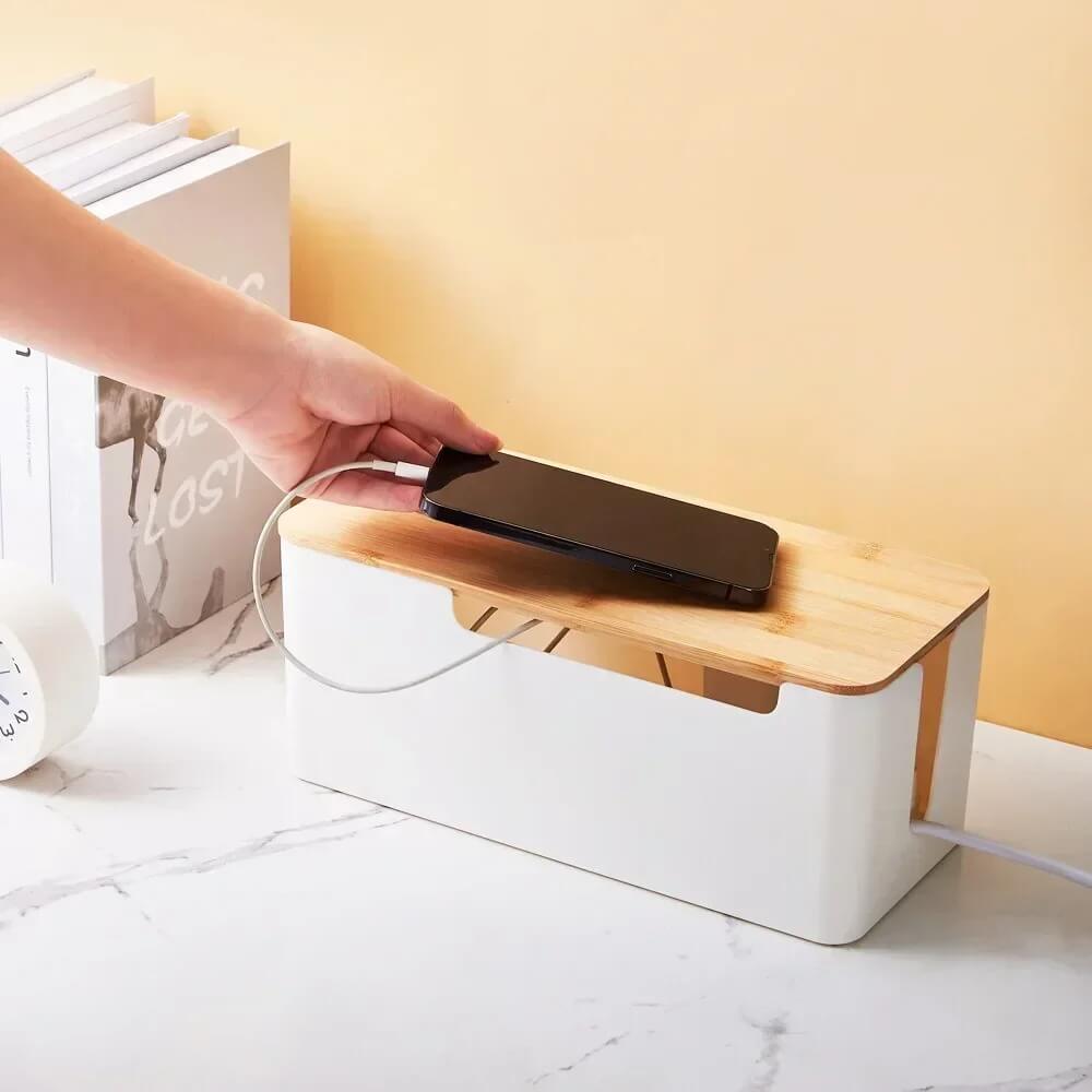 Cable Storage Box_White Plastic and Bamboo Lid Effect