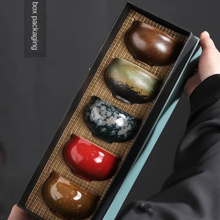 Ceramic Five Piece Element Kung Fu Tea Cup Set with Gift Box