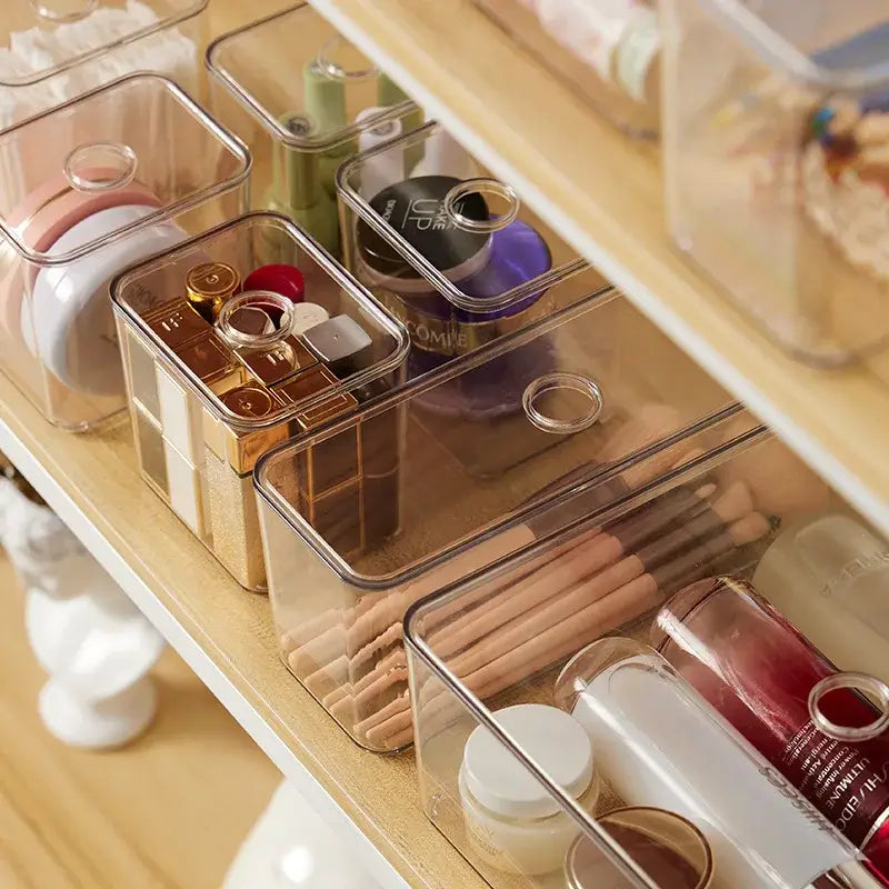 Clear Acrylic Storage Boxes with Lids for Cosmetics Organization on Shelves