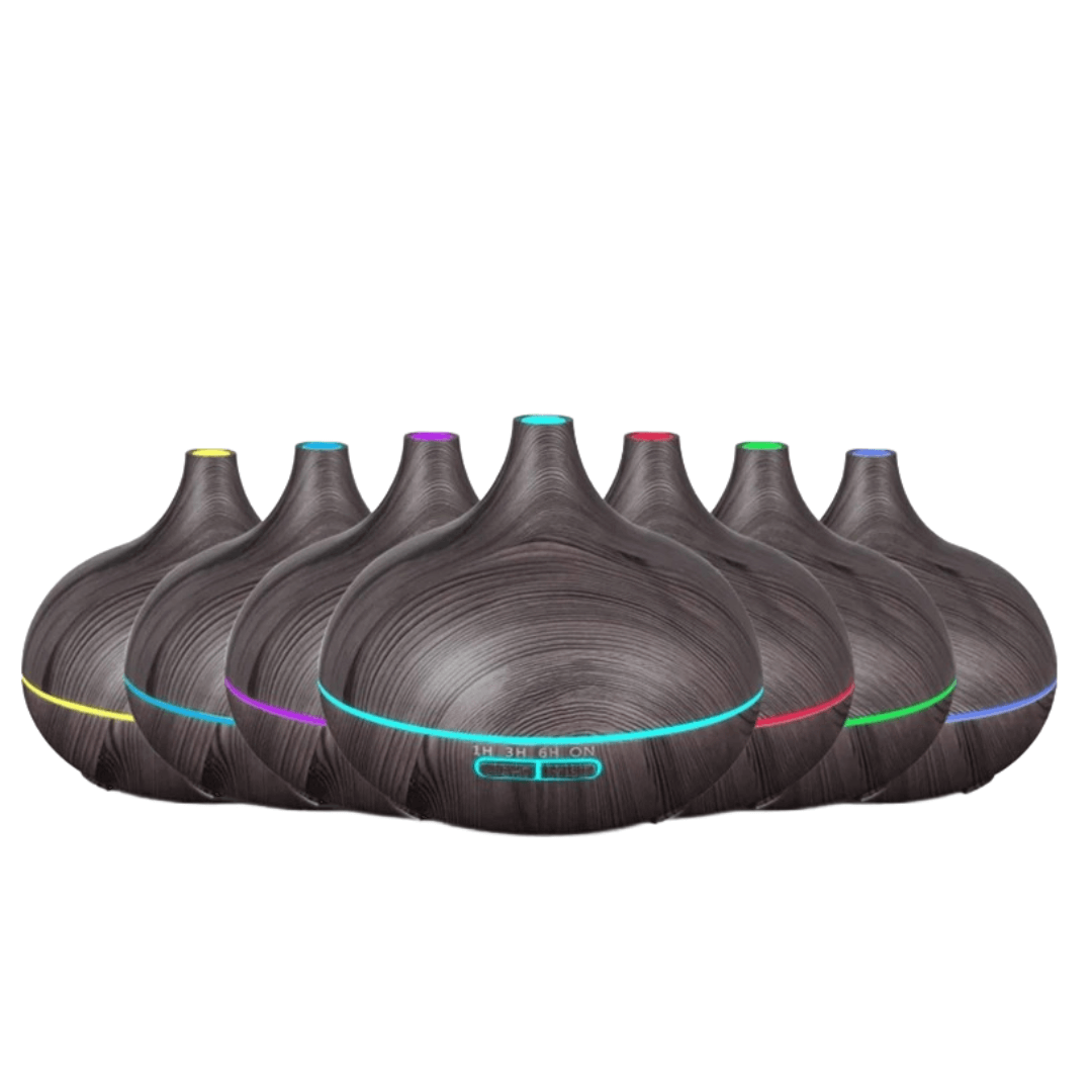 Dark Wood Grain Effect Aromatherapy Diffuser and Humidifier showing Seven LED Light Settings