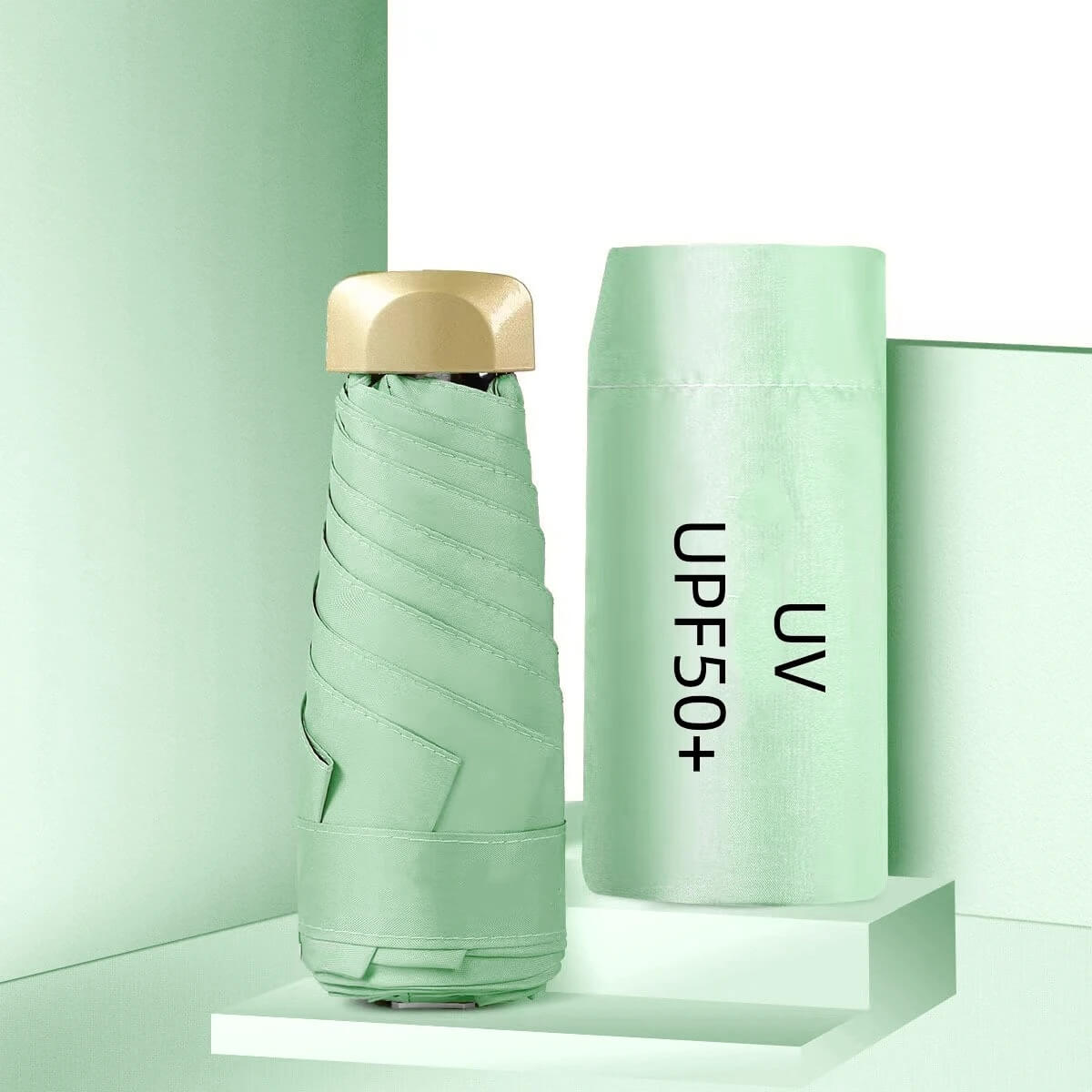Dual Use Mini UV 50+ Sun Protection and Waterproof Umbrella Mint Green_Foldable H18cm x W5cm_Weight 190g