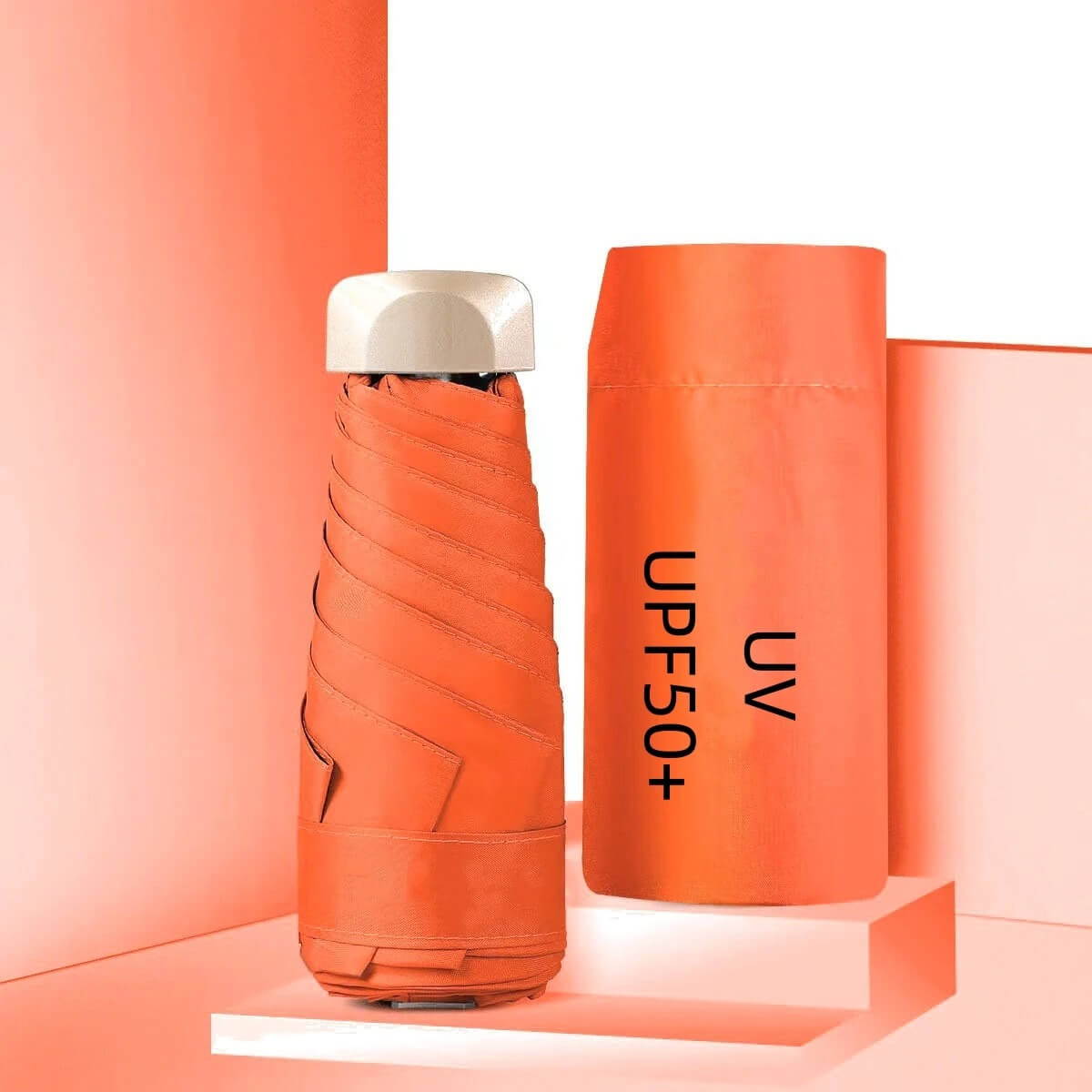 Dual Use Mini UV 50+ Sun Protection and Waterproof Umbrella Orange_Foldable H18cm x W5cm_Weight 190g