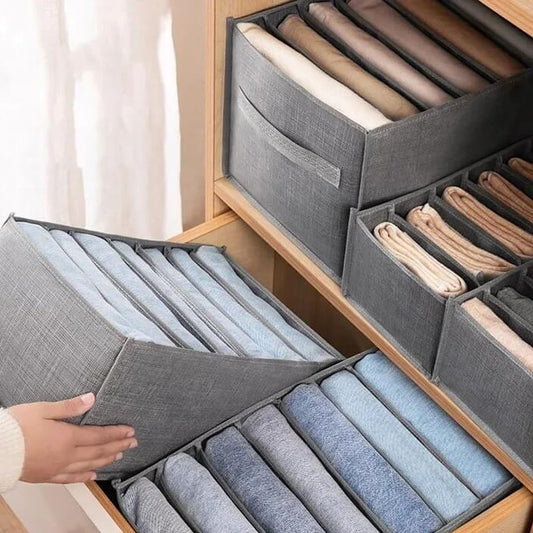 Foldable Wardrobe or Drawer Clothes Organizer in Grey with 7 or 9 Partitions made with washable and odorless fabric