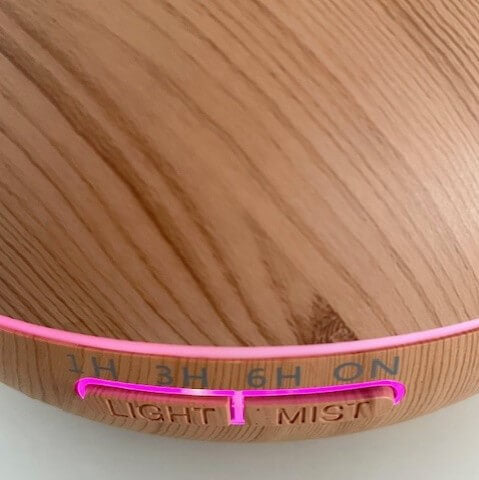 Light Wood Grain Effect Aromatherapy Diffuser and Humidifier with Switch Details with Pink LED Lighting