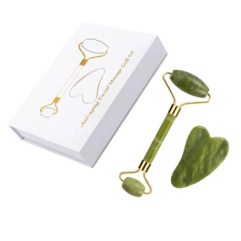 Natural Green Jade Facial Roller and Gua Sha Set in Box