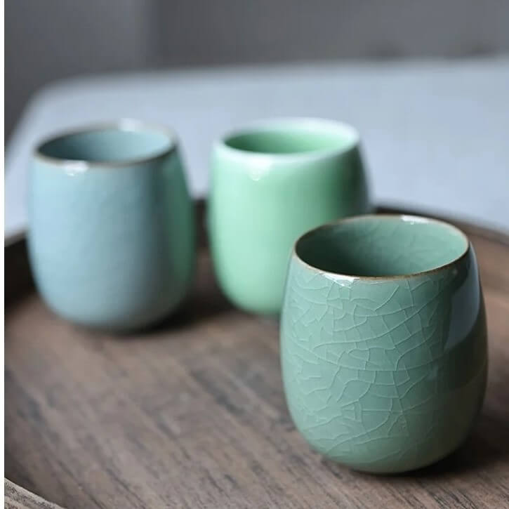 Porcelain Celadon Chinese Tea or Coffee Cup 220ml in Green Crackled Glaze, Green and Blue Crackled Glaze