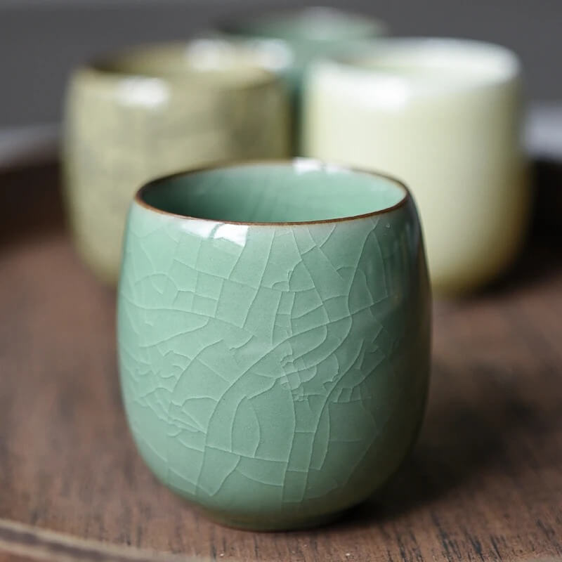 Porcelain Celadon Chinese Tea or Coffee Cup 220ml in Green Crackled Glaze