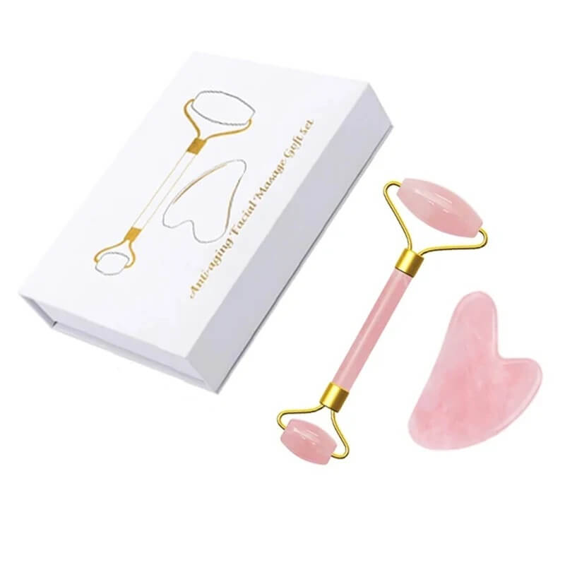 Rose Quartz Facial Roller and Gua Sha Set in Box