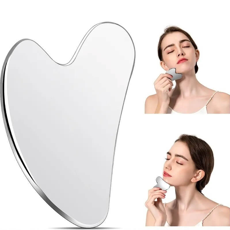 Stainless Steel Facial and Body Gua Sha Tool for Contouring and Lymphatic Drainage_ H8cmxW6cm with Travel Bag - Facial Application