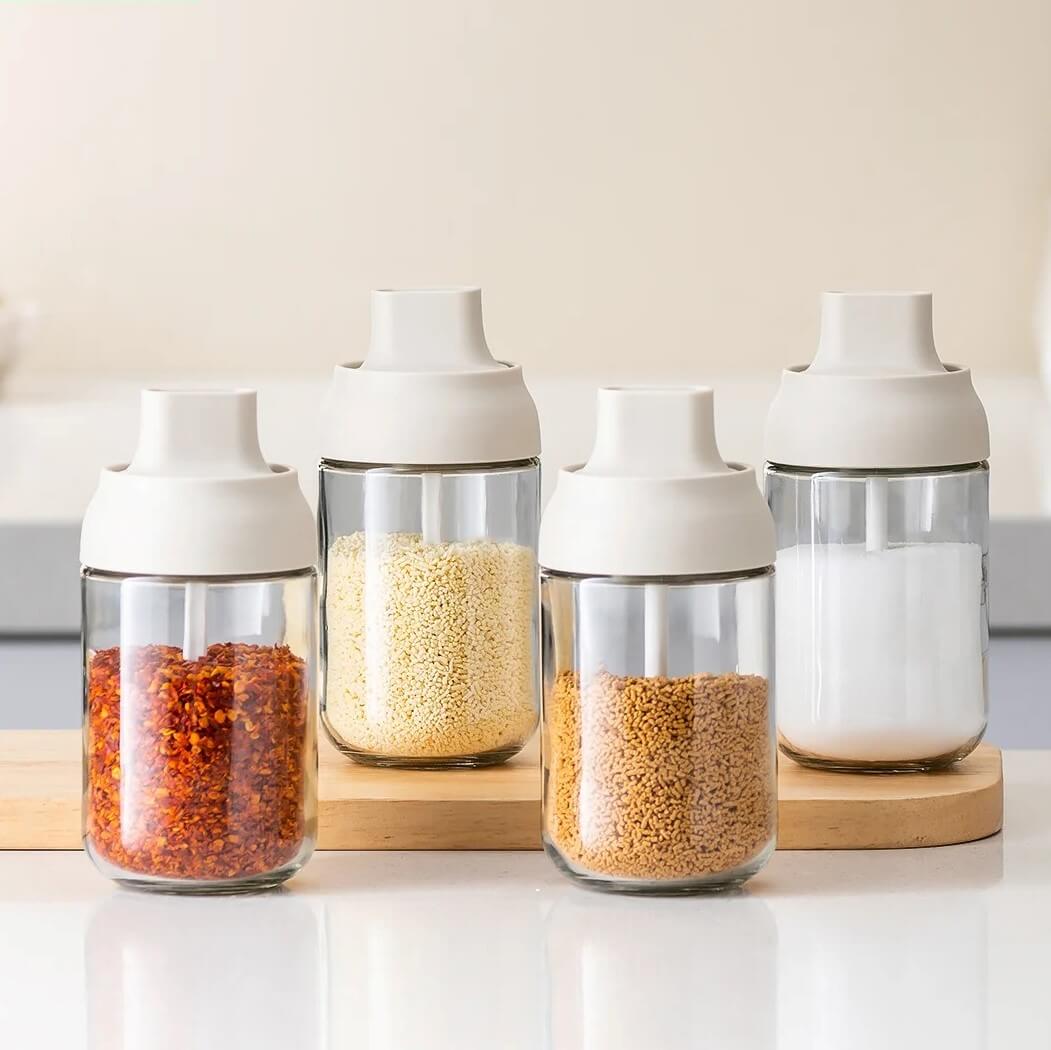 Transparent Glass Condiment Jar with Integrated Spoon Lid_4 Jars