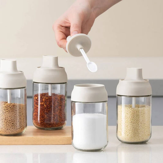 Transparent Glass Condiment Jar with Integrated Spoon Lid_Easy and Convenient_4 Jars