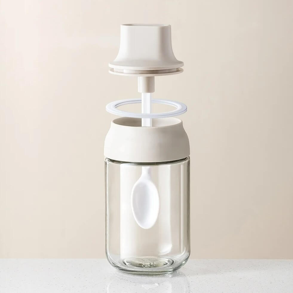 Transparent Glass Condiment Jar with Integrated Spoon Lid and Strong Seal