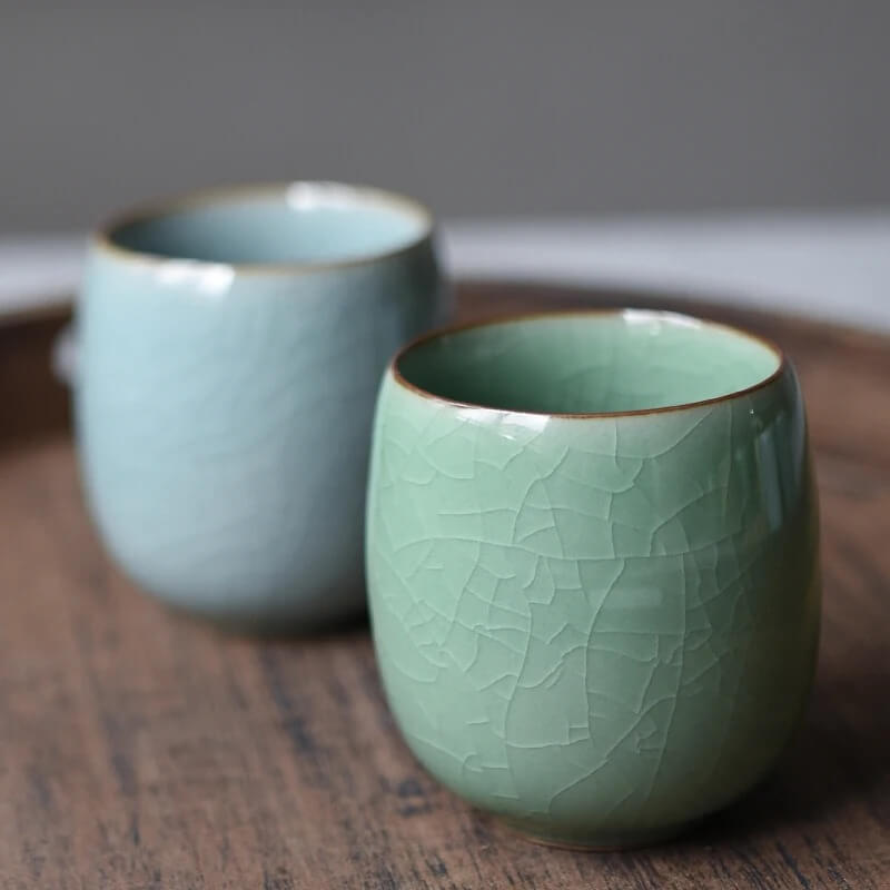 Two Porcelain Celadon Chinese Tea or Coffee Cup 220ml in Green Crackled Glaze and Blue Crackled Glaze