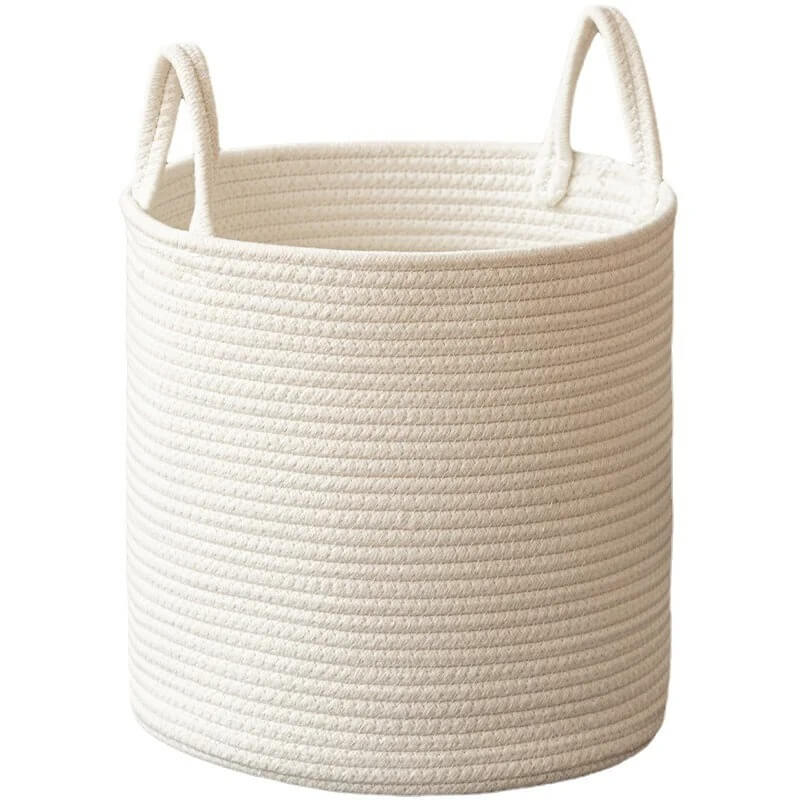 White Cotton Rope Storage Basket with Handle_Sizes Small, Medium + Large